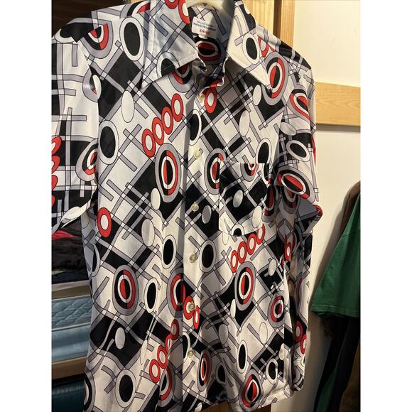 Enro Vintage Men’s M Gray Red Abstract Long Sleeve Button Down Nylon Disco Shirt - Picture 5 of 12